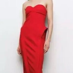 Zara Red Size M Strapless Sweetheart Neckline Midi-Length Dress NWT
